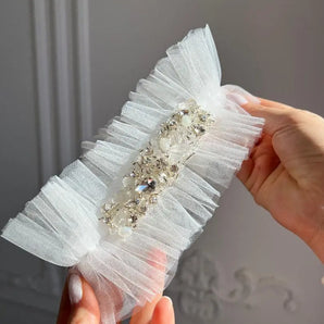 Jartiera mireasă, Deni, tulle, fundă, handmade, cristale - GLAMADEA
