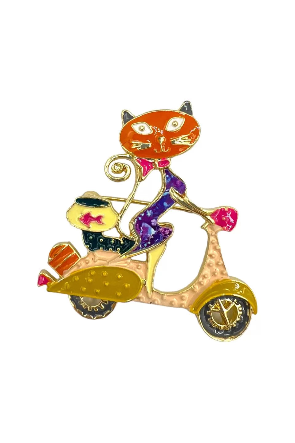 Broșa pisică pe bicicletă multicoloră