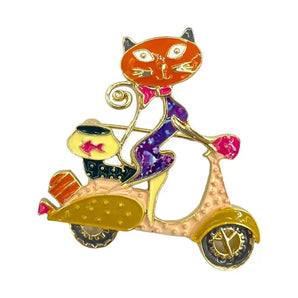 Broșa pisică pe bicicletă multicoloră